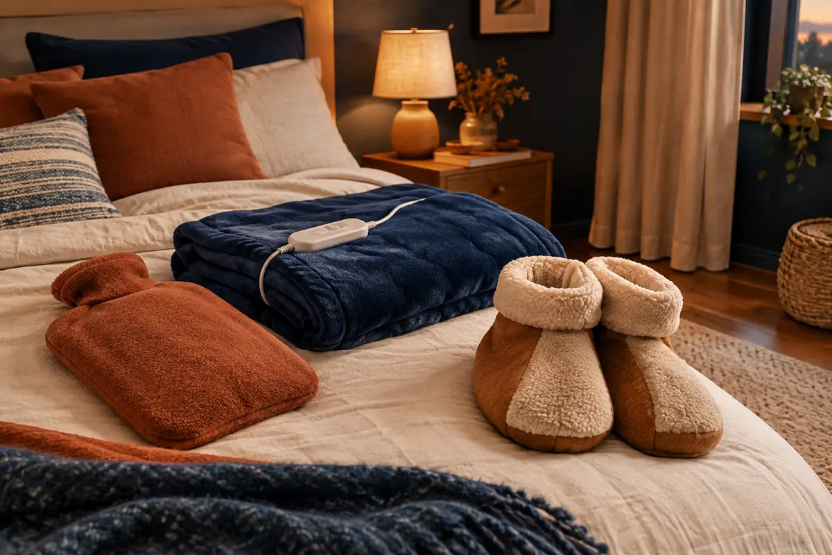 Accessoires chauffants disposés sur une couverture dans une chambre