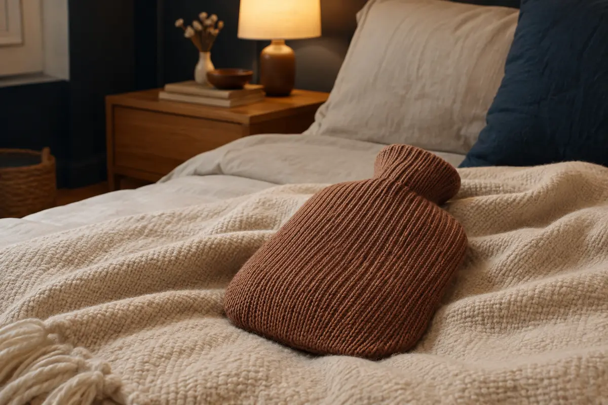 Bouillotte avec housse en maille posée sur un plaid clair