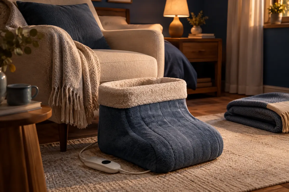 Chauffe-pieds électrique en textile posé près d’une couverture