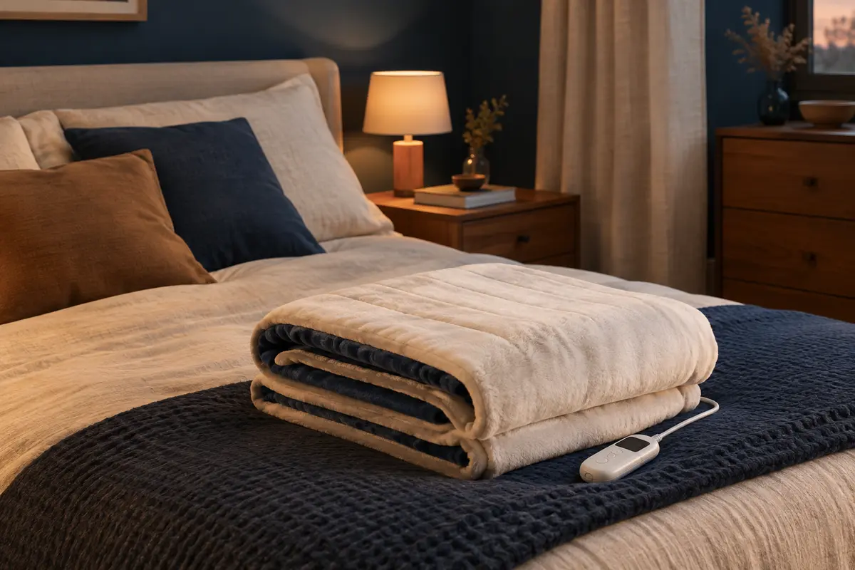 Couverture chauffante pliée au pied d’un lit avec sa commande