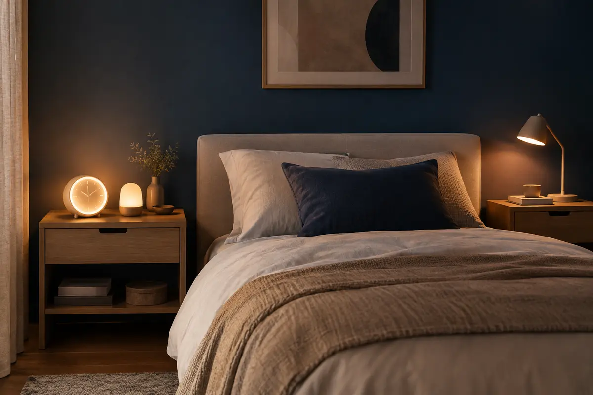 Réveil lumineux, veilleuse et lampe de lecture sur des tables de nuit