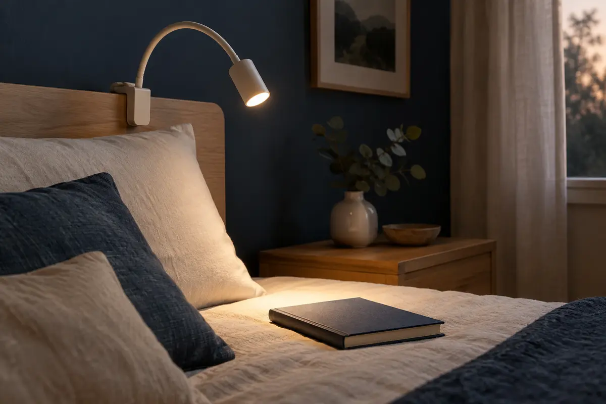 Lampe de lecture flexible fixée à une tête de lit en bois clair