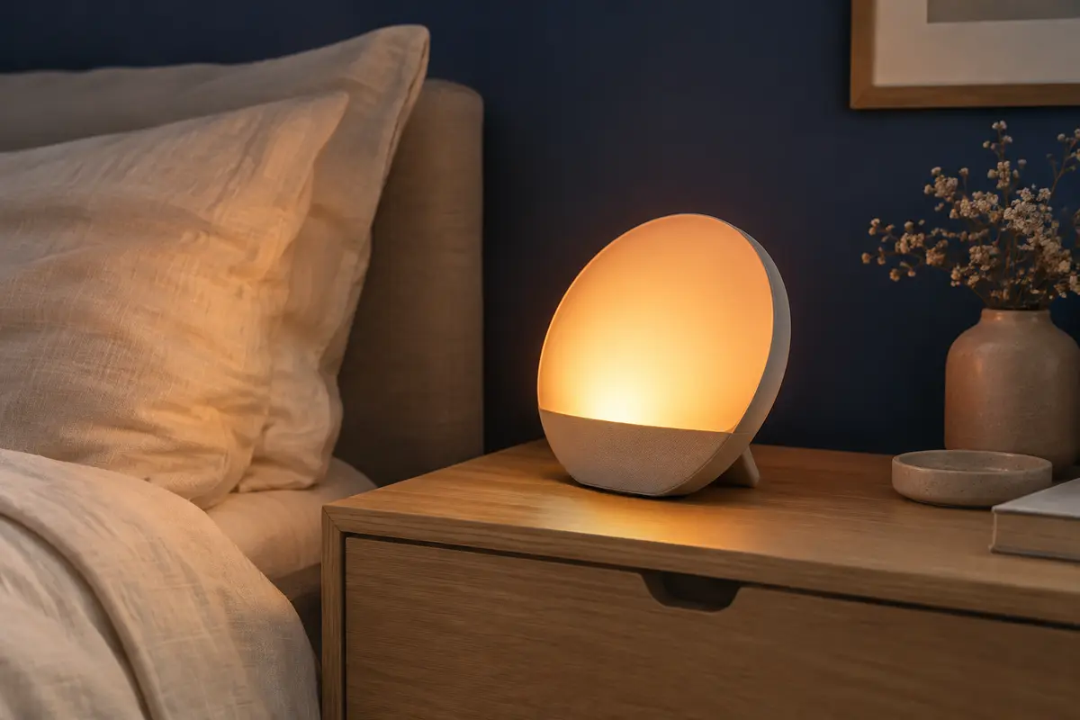 Réveil simulateur d’aube allumé sur une table de nuit en bois