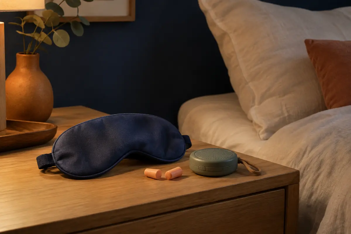 Masque de sommeil, bouchons d’oreilles et appareil audio sur une table de nuit