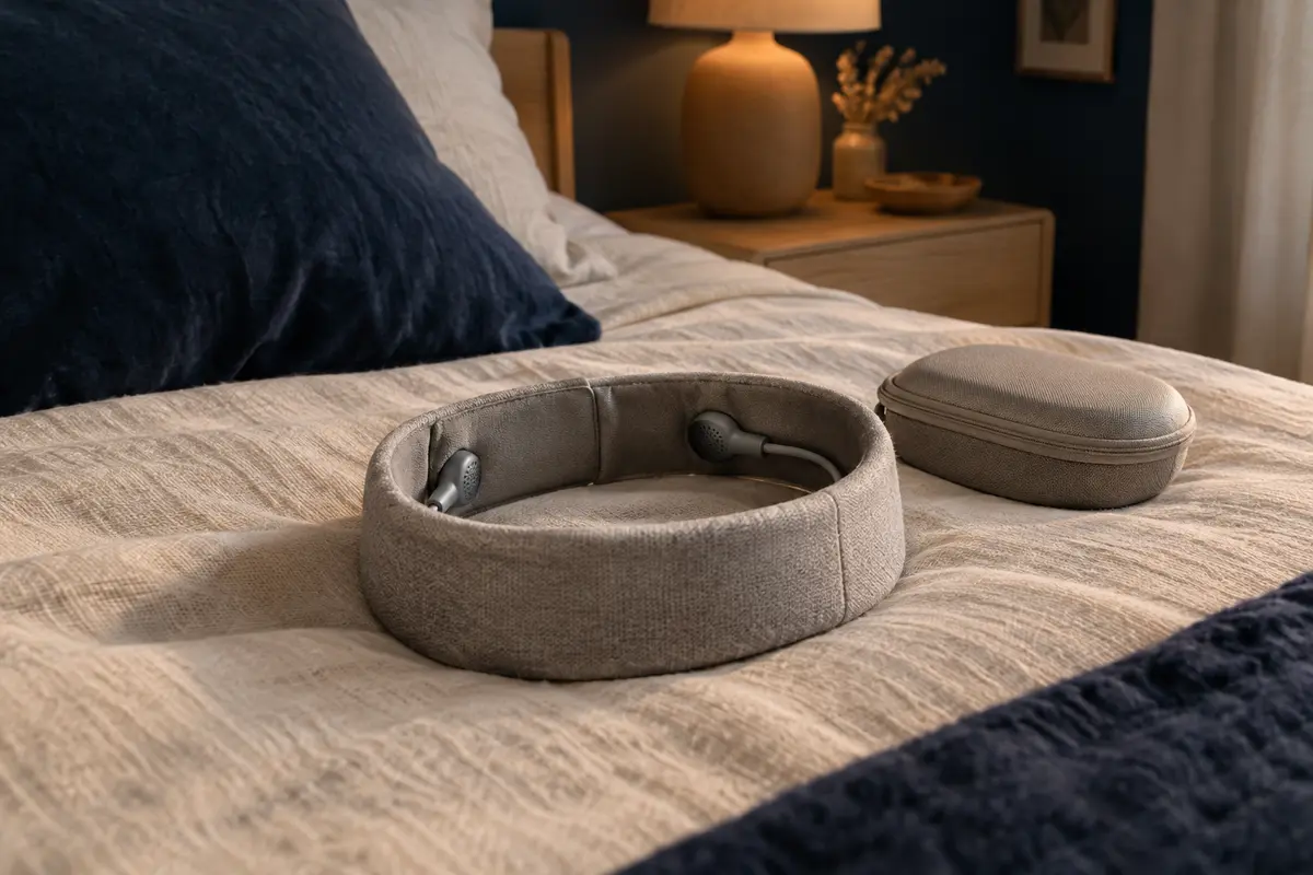Bandeau audio en tissu posé près de son boîtier de rangement