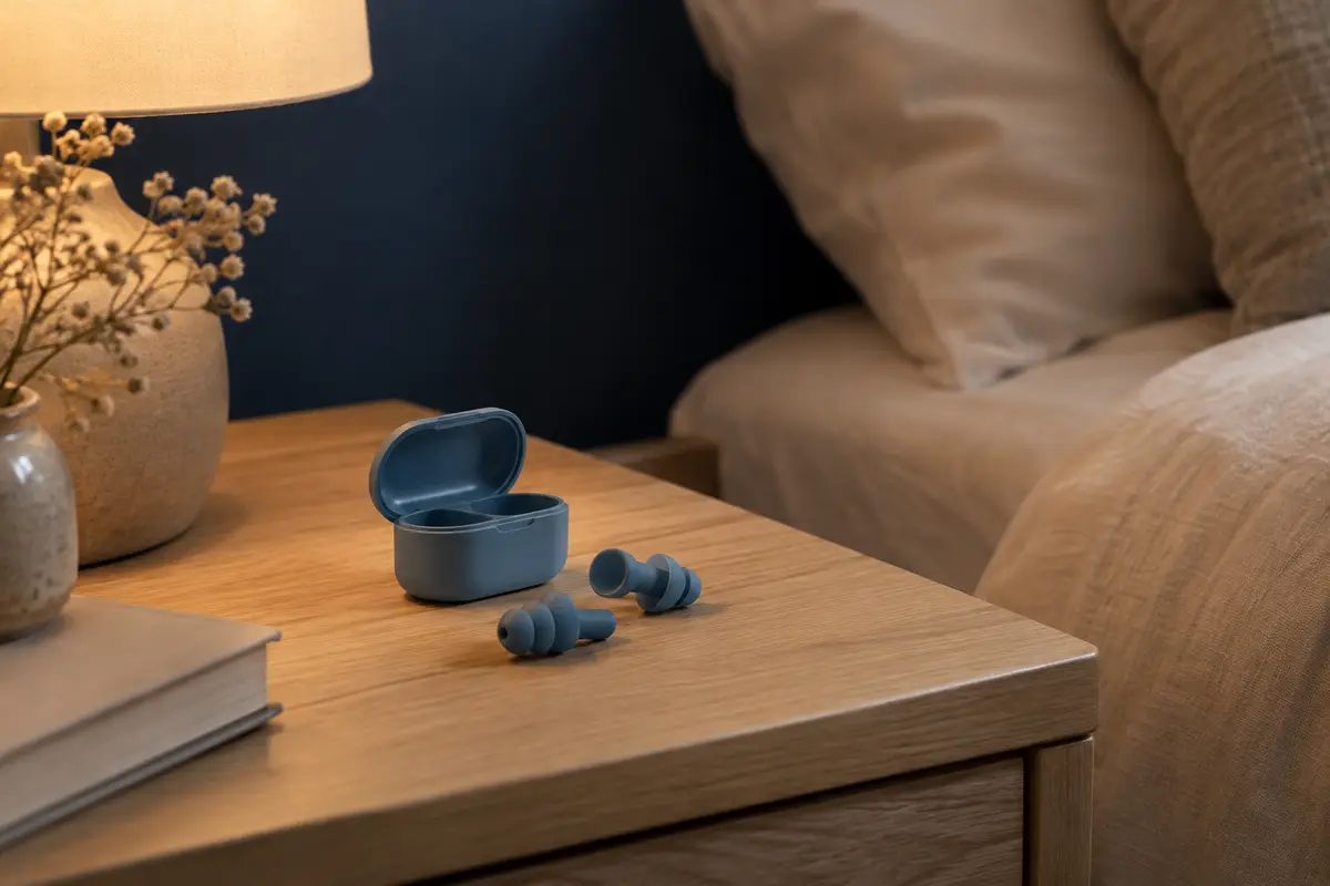 Bouchons d’oreilles avec leur étui posés sur une table de nuit
