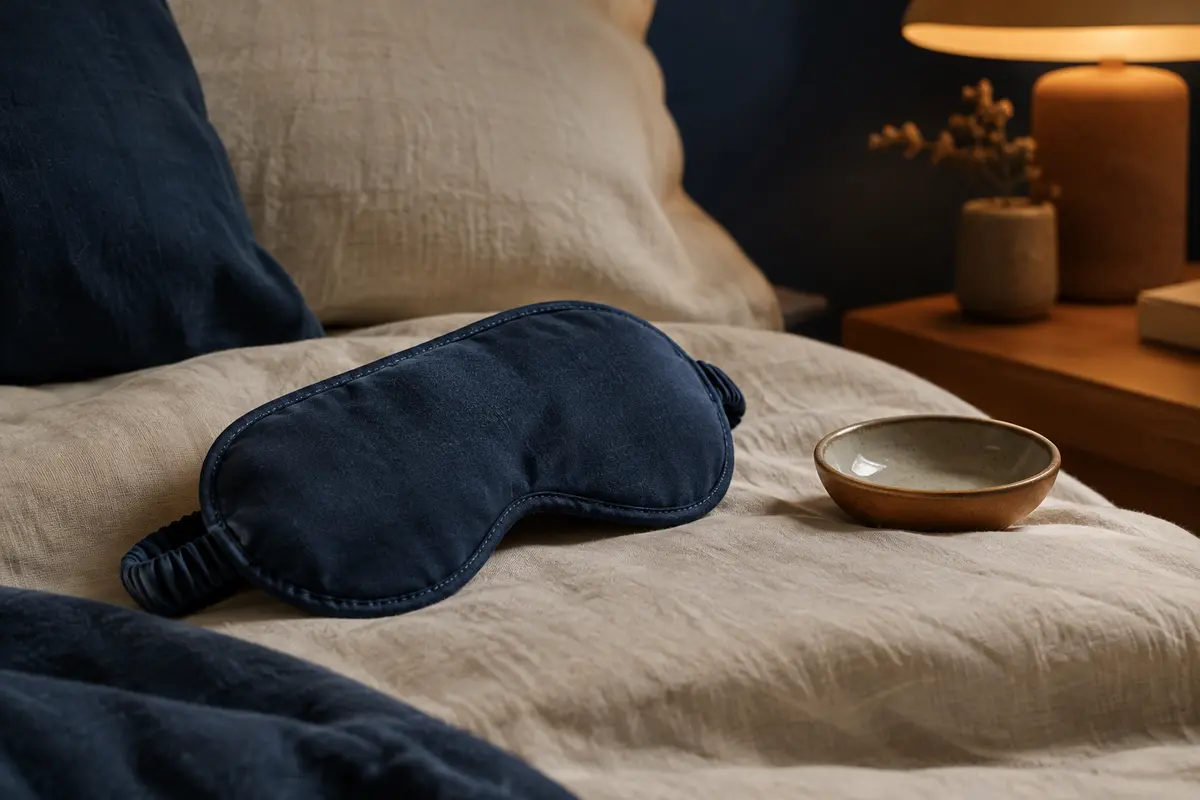 Masque de sommeil en tissu posé sur un linge de lit clair