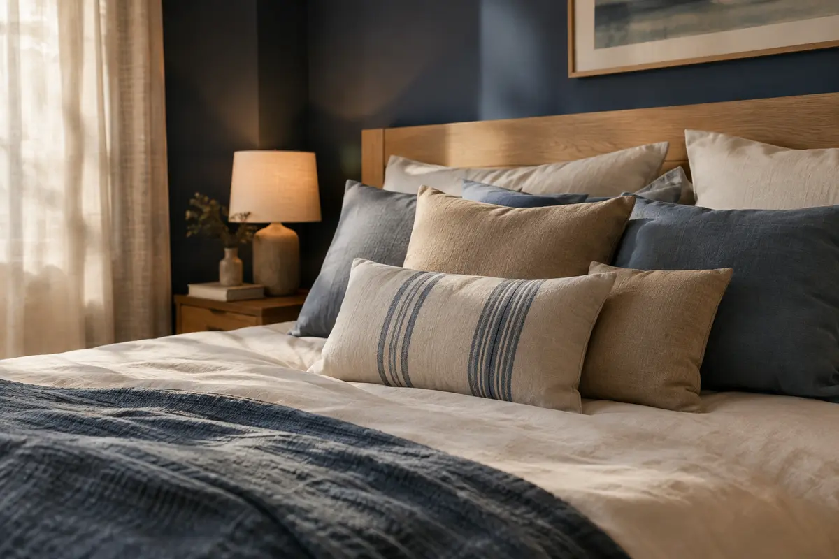 Oreillers et coussins de positionnement disposés sur un lit clair
