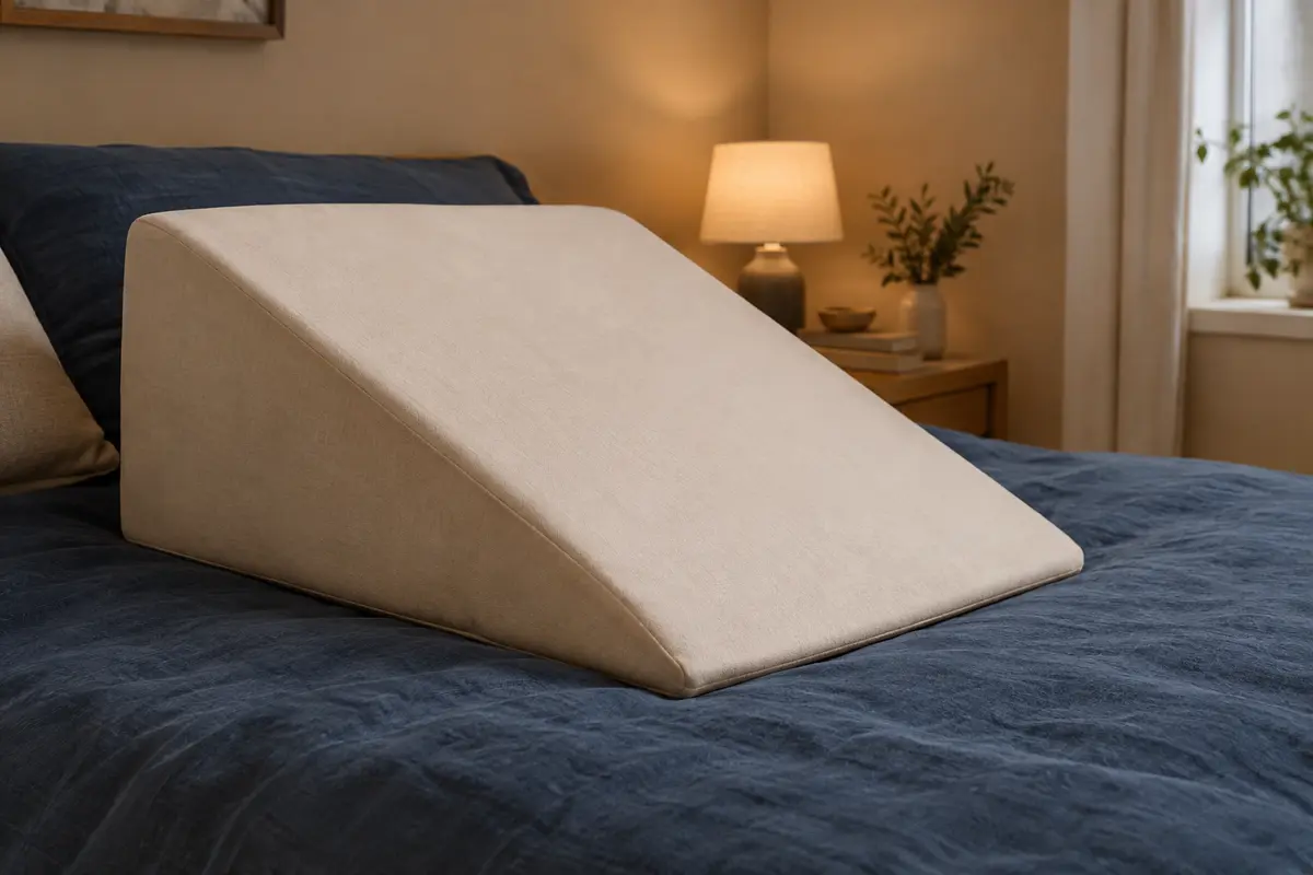 Coussin biseauté de positionnement posé sur un lit clair