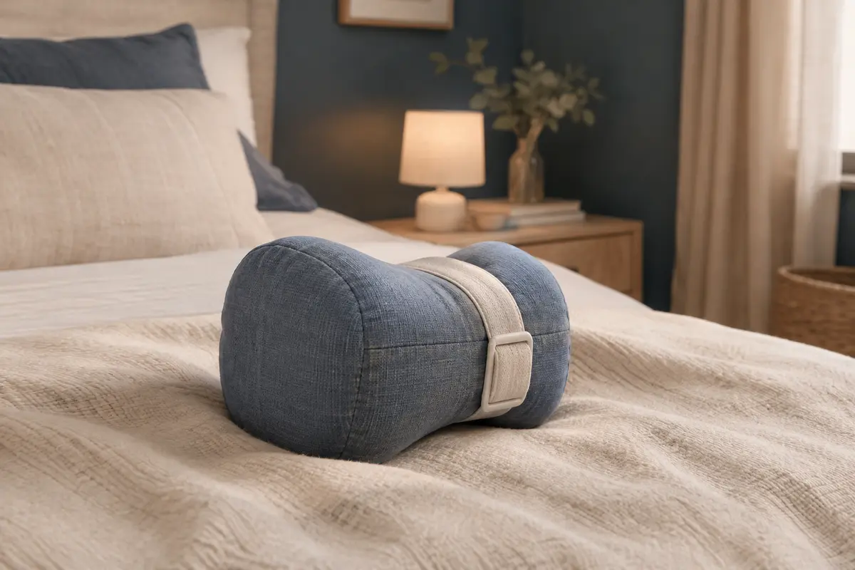 Coussin de positionnement avec sangle posé sur une couverture claire