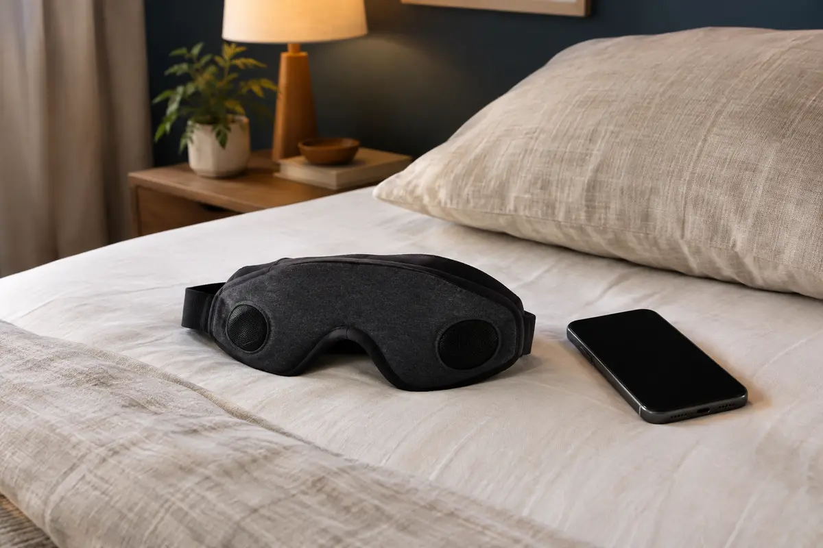 Bandeau audio posé sur un lit, avec ses haut-parleurs intégrés près d’un téléphone et d’un oreiller.