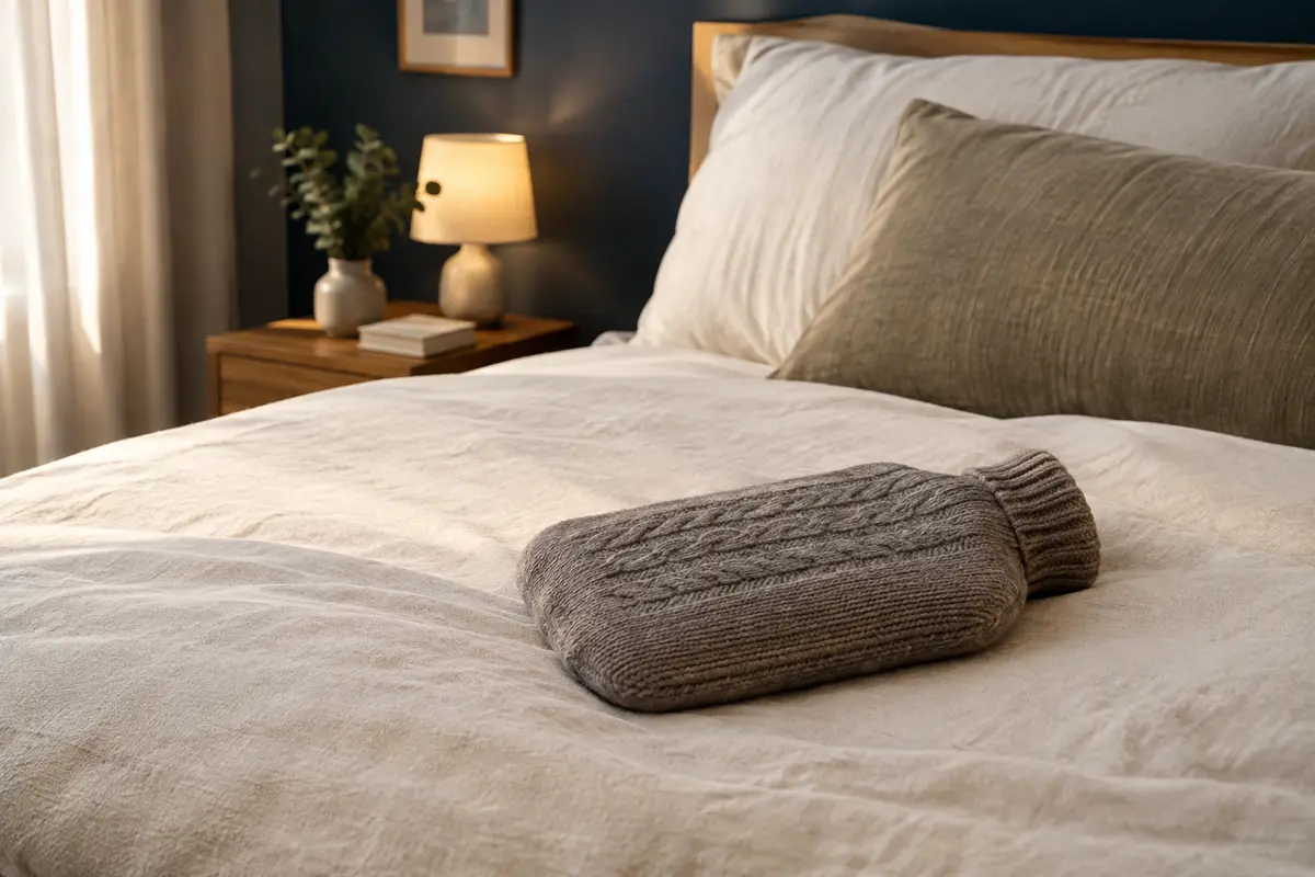 Bouillotte à eau avec housse douce posée sur un lit aux draps clairs, dans une chambre sobre