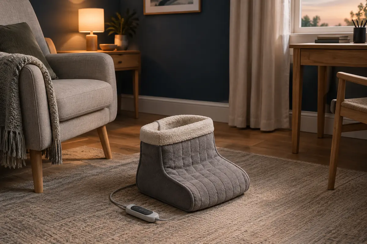 Chauffe-pieds électrique en textile avec commande et câble, posé près d’un fauteuil dans une chambre