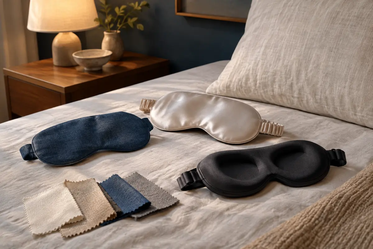 Masques de sommeil plats et creusés posés sur un lit avec des échantillons de tissus doux