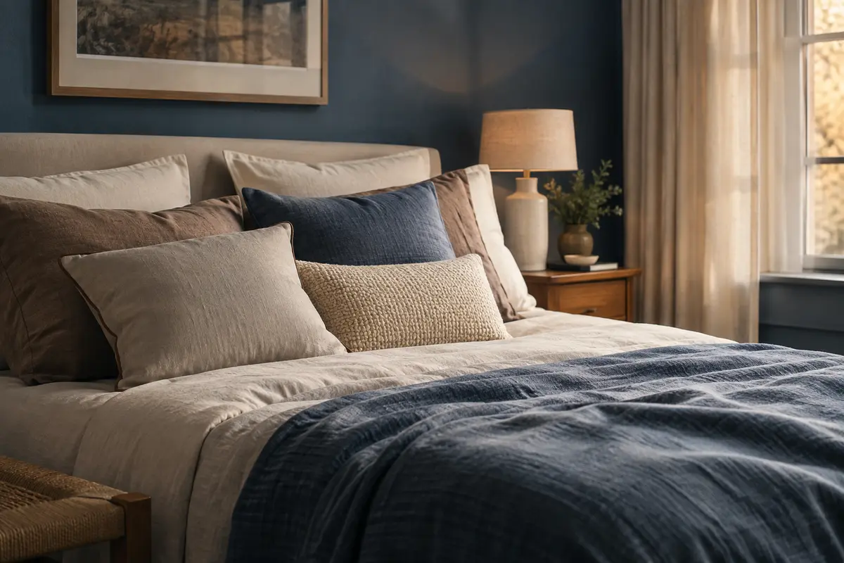 Oreillers de formes et de volumes différents disposés sur un lit aux draps clairs.