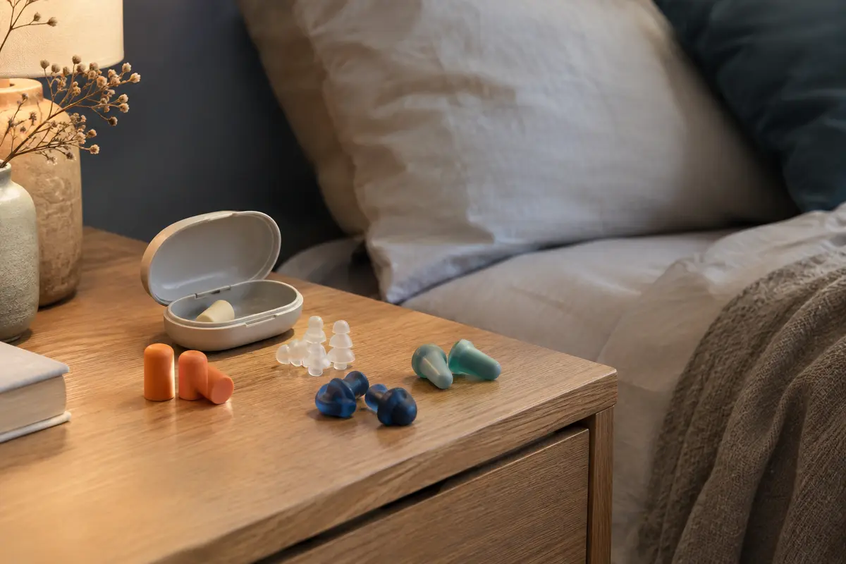 Différents bouchons d’oreilles et leur étui posés sur une table de chevet près d’un oreiller