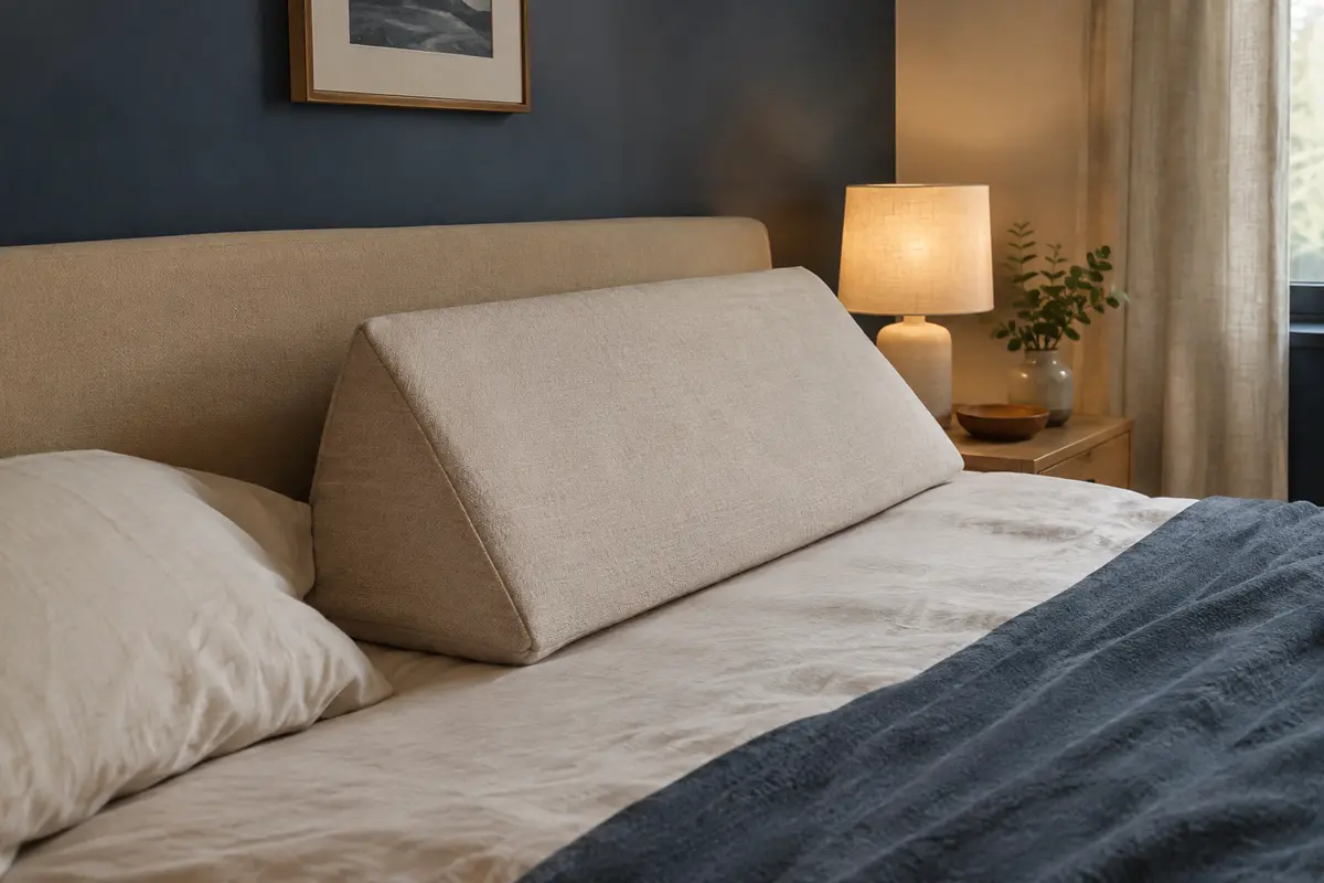 Coussin biseauté en tissu neutre posé en pente sur un lit près de la tête de lit
