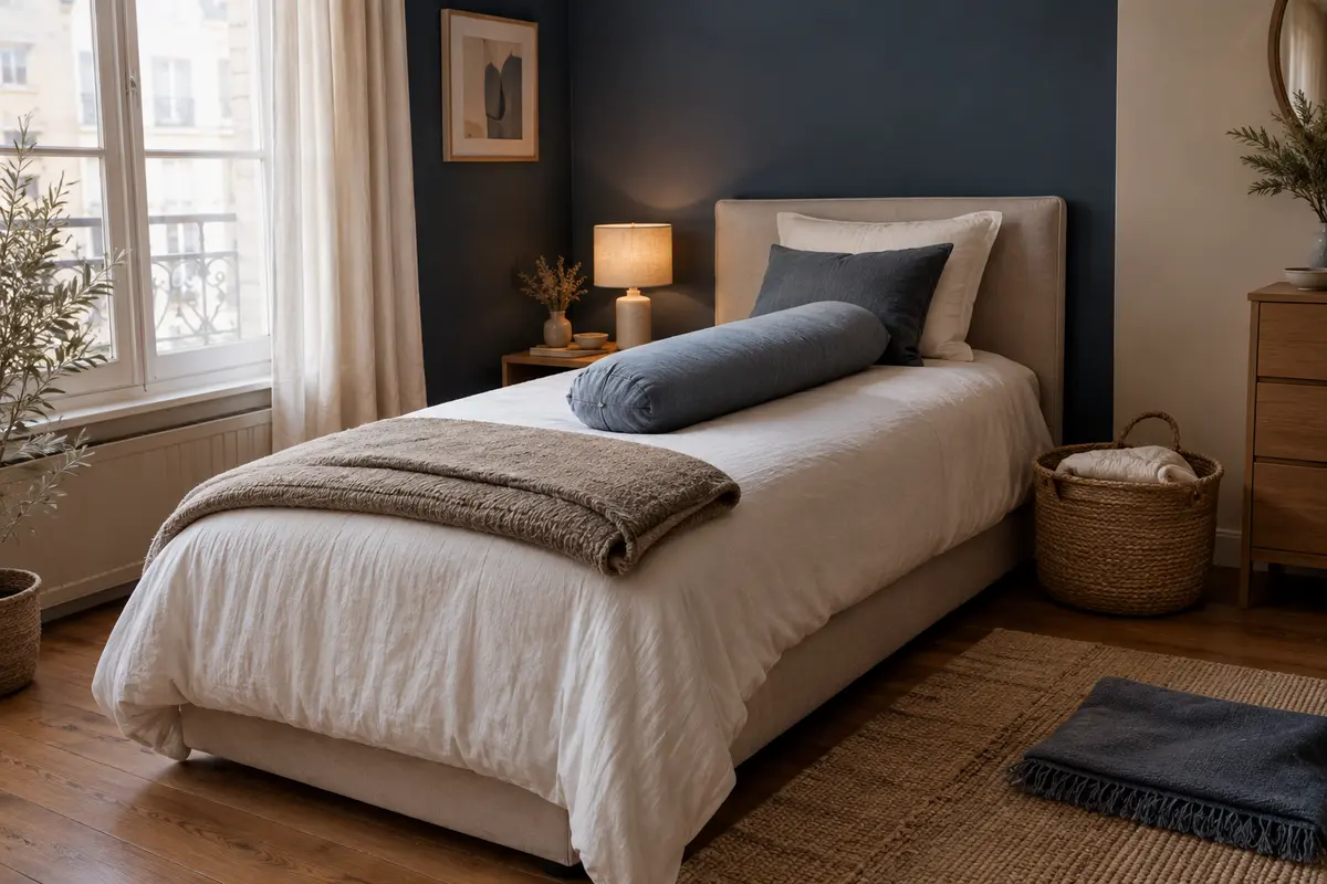 Coussin de corps installé sur un lit simple avec un espace libre et un rangement prévu à proximité