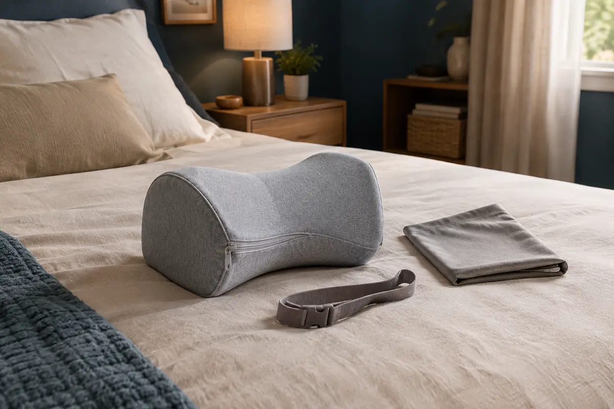Coussin profilé entre les genoux posé sur un lit, avec sa housse amovible et sa sangle détachée.