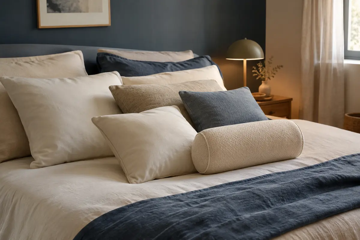 Plusieurs oreillers de formes et d’épaisseurs différentes disposés sur un lit dans une chambre lumineuse