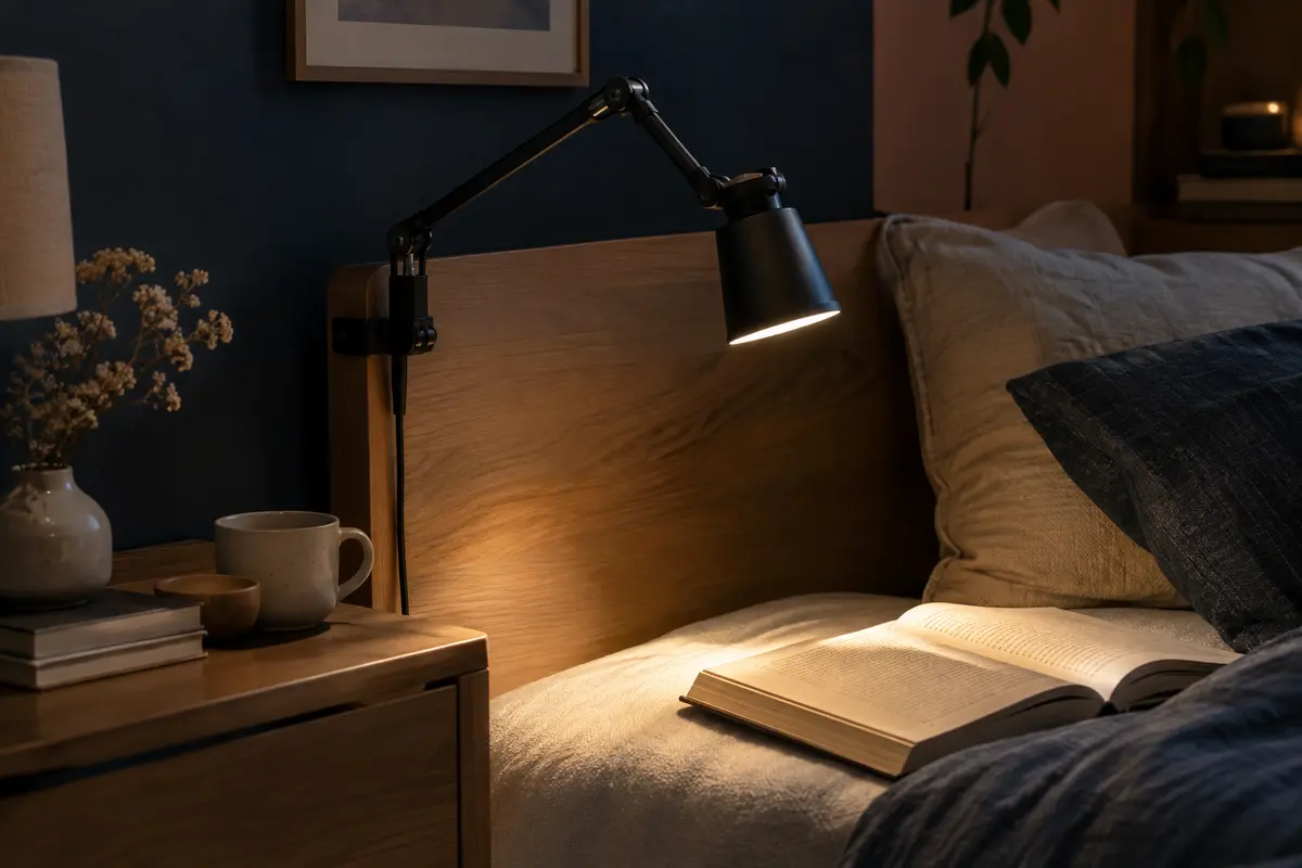 Lampe de lecture à pince orientée vers un livre ouvert, dans une chambre à l’éclairage tamisé.