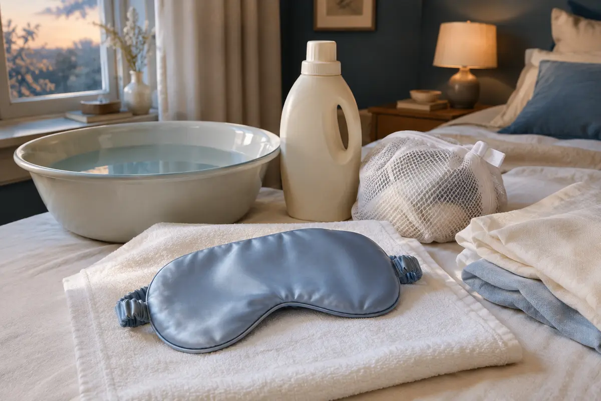 Masque de sommeil en soie posé sur une serviette, avec une bassine et un filet de lavage à proximité.