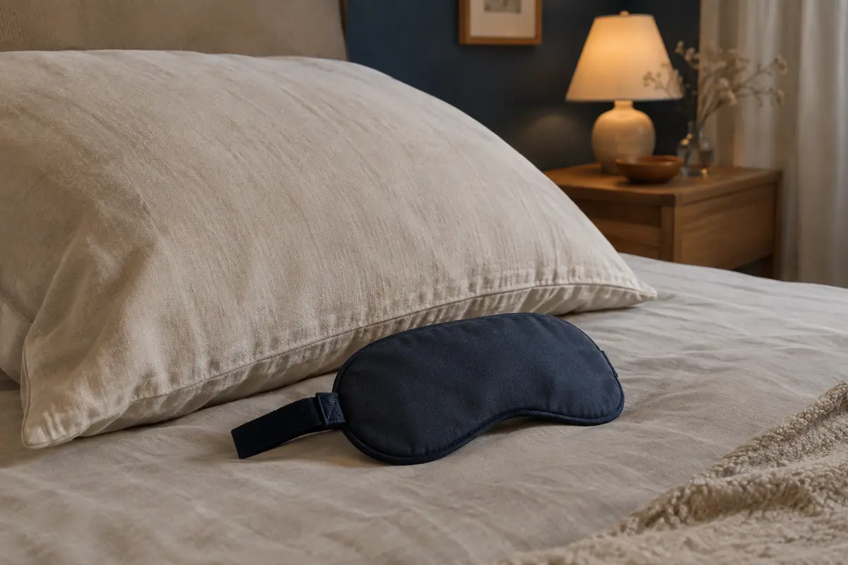 Masque de sommeil à profil plat posé sur un oreiller, avec l’élastique et les coutures visibles.
