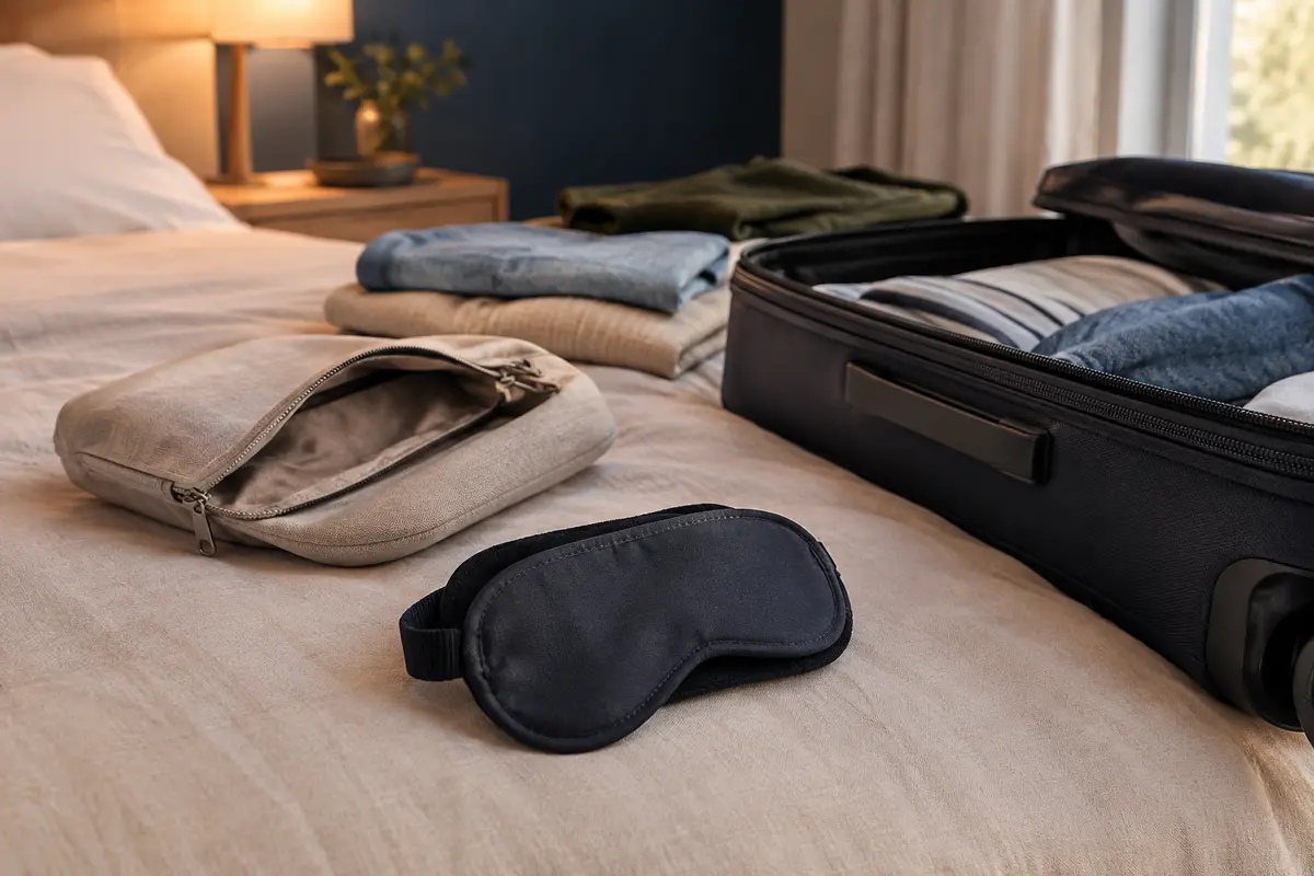 Masque de sommeil plié près de sa pochette, prêt à être rangé dans un bagage cabine