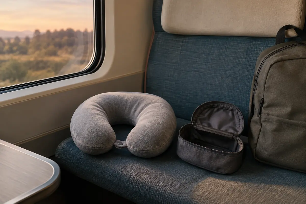 Oreiller de voyage en U et housse de rangement posés sur une banquette de train près d’un sac cabine.