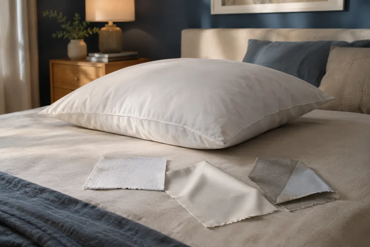 Oreiller et échantillons de coton, de textile lisse et de tissu imperméable à comparer
