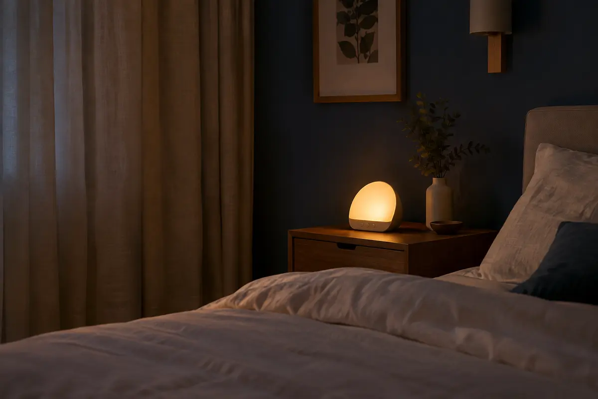Réveil simulateur d’aube posé sur une table de chevet dans une chambre sombre au petit matin