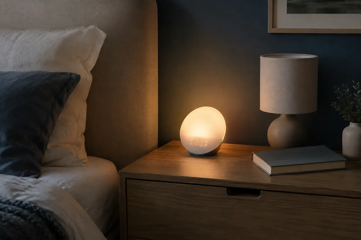 Réveil lumineux posé sur une table de nuit, près d’une lampe, dans une chambre aux tons doux