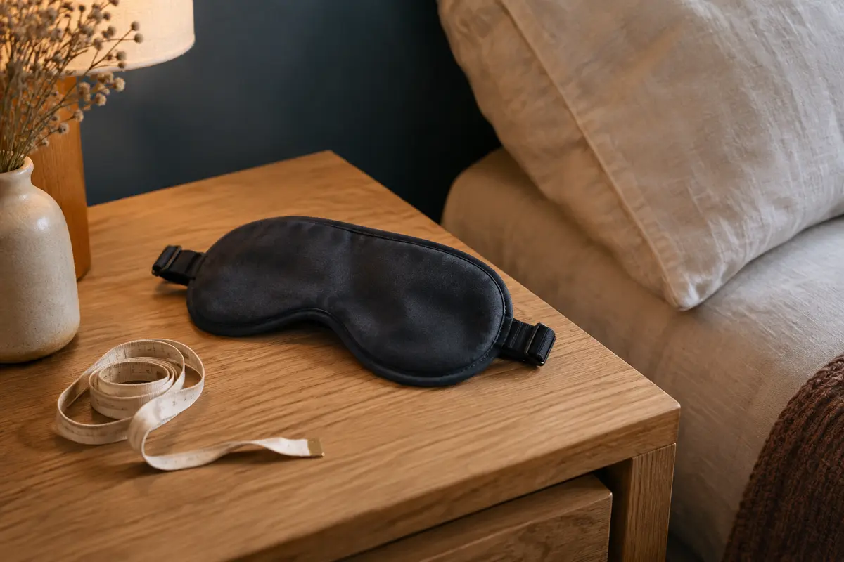 Masque de sommeil à sangle réglable posé près d’un oreiller, pour illustrer le choix des dimensions et de la forme.