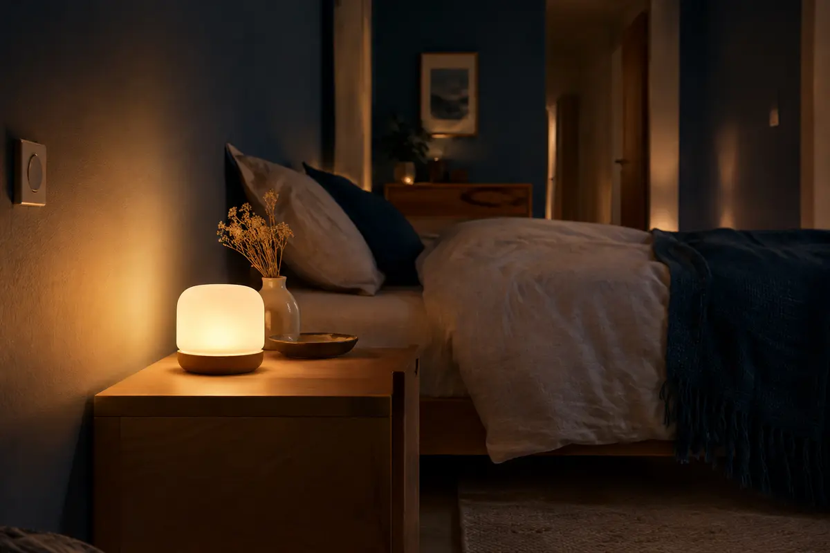 Veilleuse posée sur une table de chevet, diffusant une lumière douce vers le mur de la chambre.