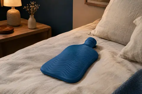 Bouillotte bleue en caoutchouc à surface ondulée, posée sur un lit aux tons crème et bleu encre.