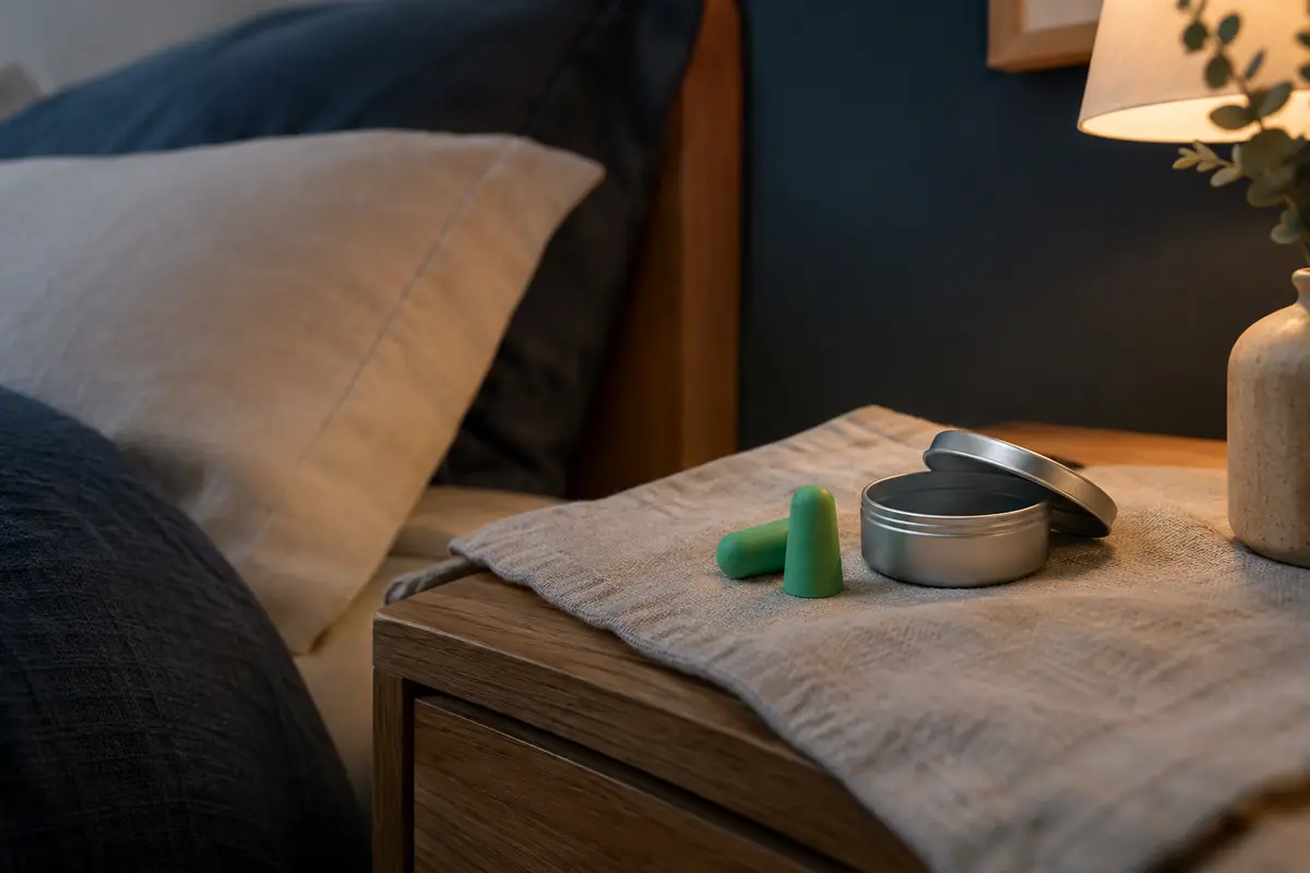 Bouchons d’oreilles verts en mousse souple posés près d’un étui en aluminium sur une table de chevet.
