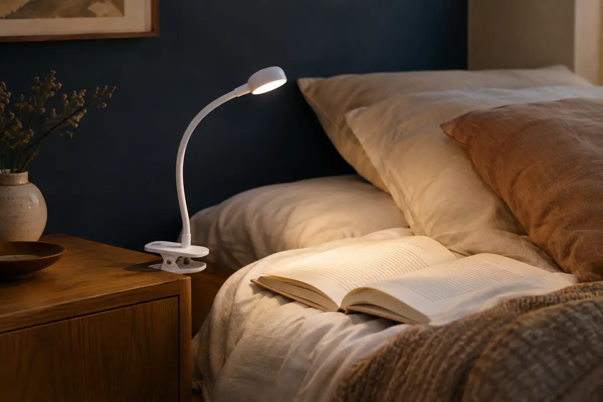Lampe de lecture blanche à pince, bras flexible orienté vers un livre sur une table de chevet