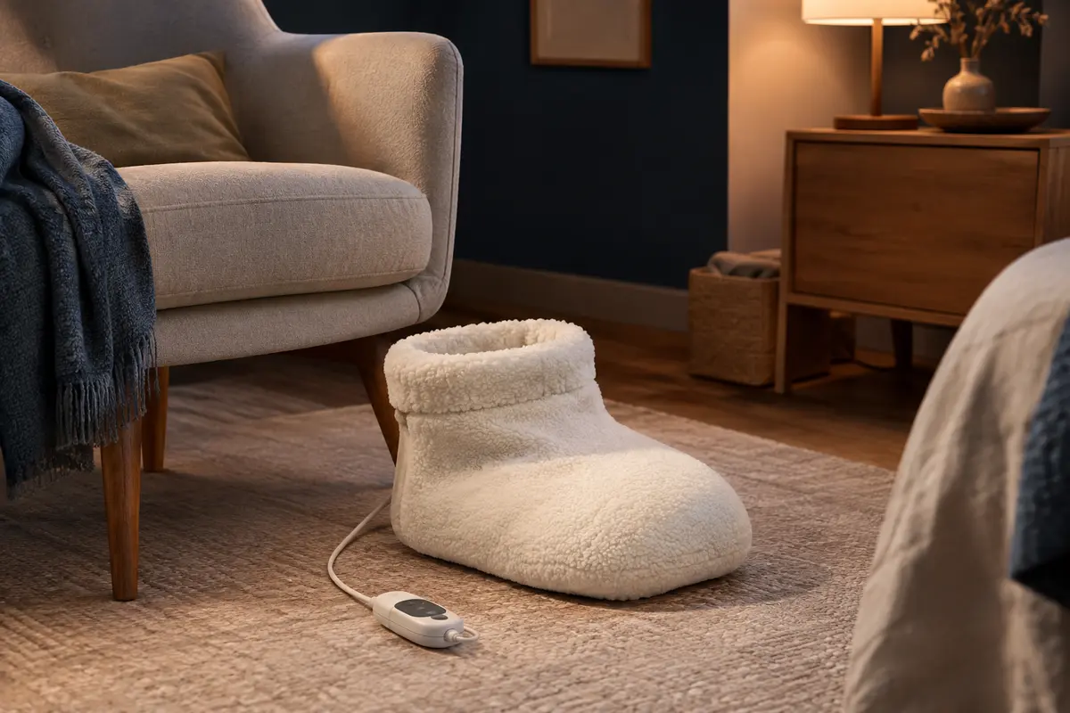 Chauffe-pieds électrique en polaire blanche avec télécommande filaire dans une chambre calme
