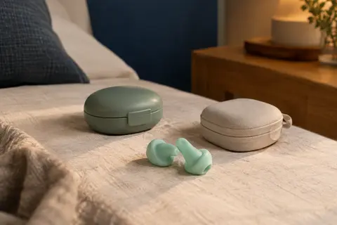 Bouchons d’oreilles moulables en silicone menthe verte posés près de leurs étuis sur du coton crème
