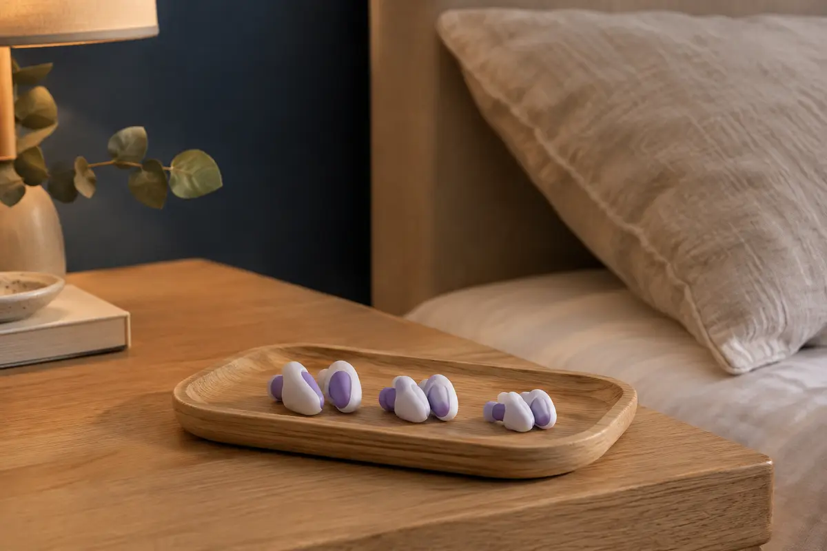 Trois paires de bouchons d’oreilles ovales blanc et violet posées près d’un oreiller en lin.