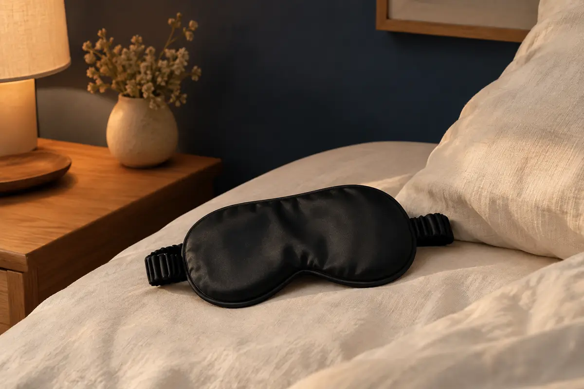 Masque de sommeil noir en soie avec rembourrage en coton et bande élastique réglable posé sur du linge crème