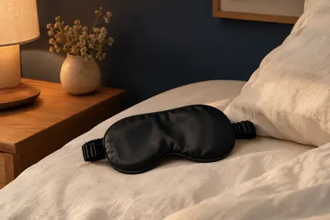 Masque de sommeil noir en soie avec rembourrage en coton et bande élastique réglable posé sur du linge crème