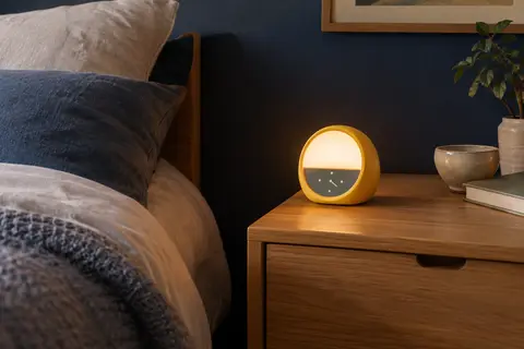 Réveil lumineux jaune avec affichage de l’heure, posé sur une table de chevet en bois dans une chambre tamisée.