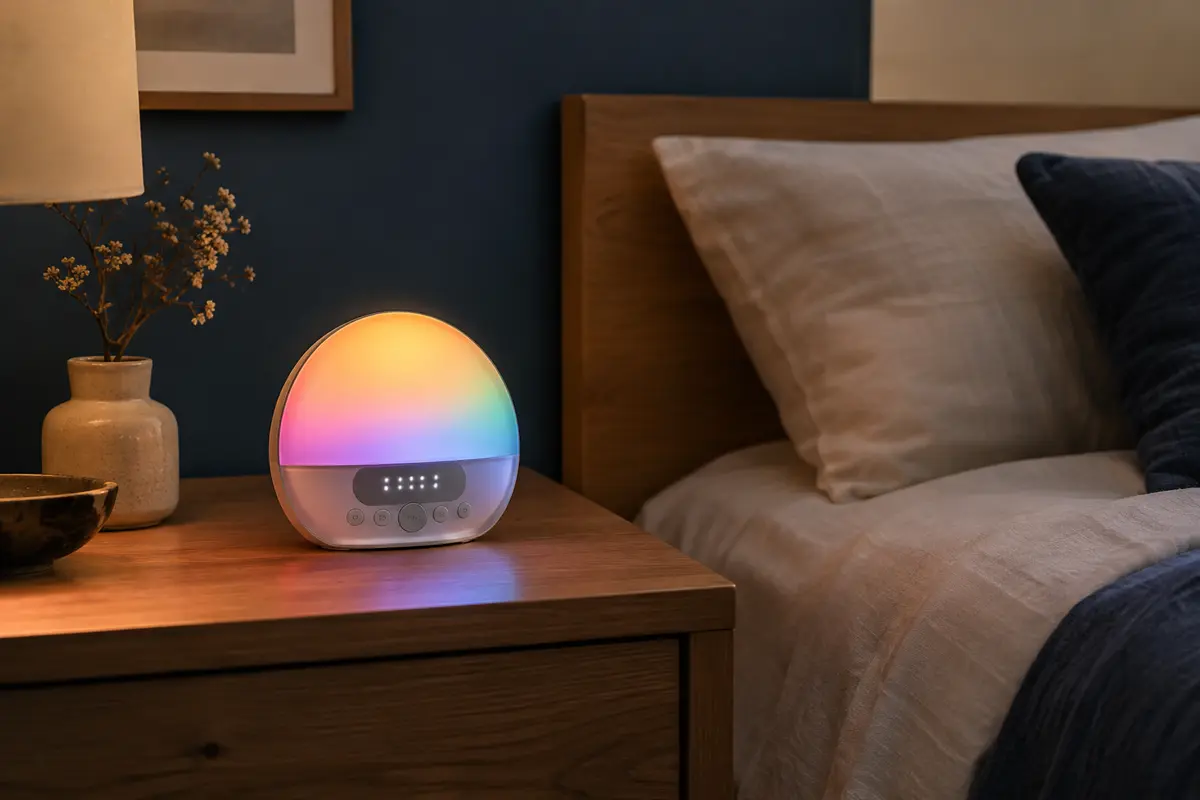 Réveil simulateur d’aube Auyle avec veilleuse multicolore posé sur une table de nuit en bois