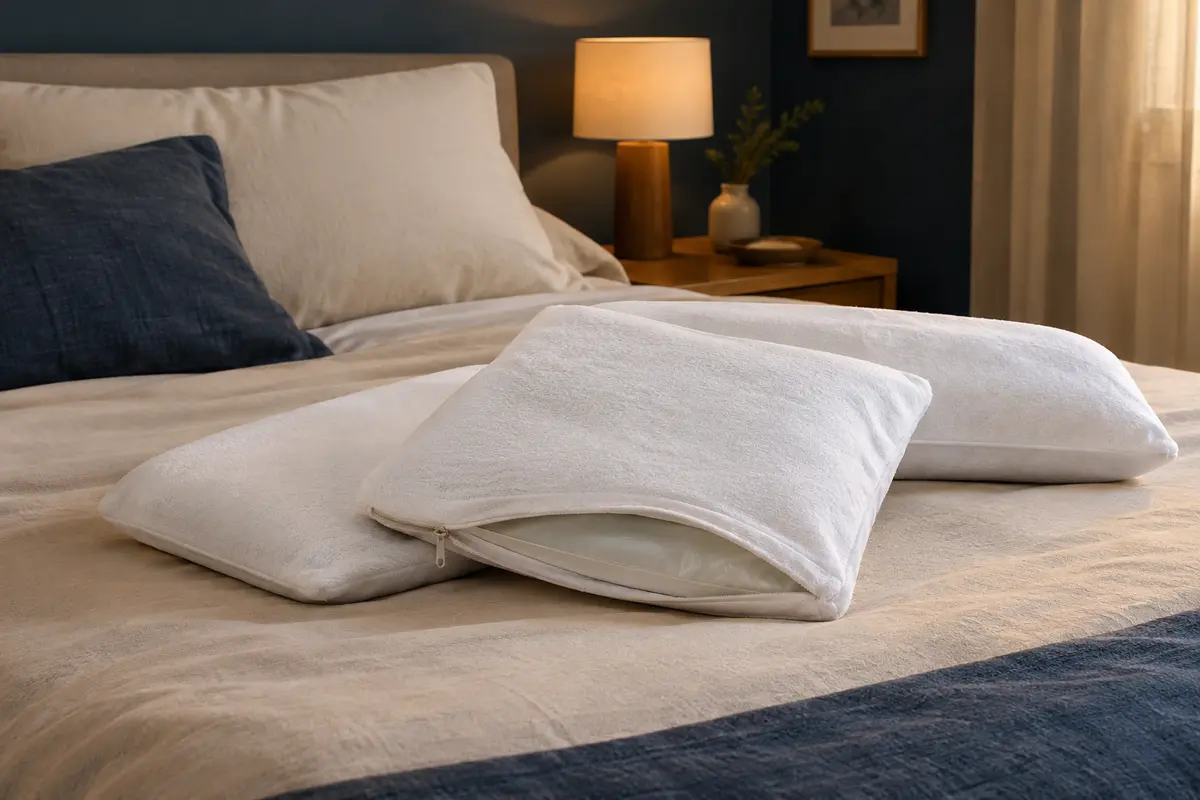 Deux protège-oreillers blancs zippés posés sur un lit dans une chambre calme aux tons doux.