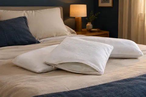 Deux protège-oreillers blancs zippés posés sur un lit dans une chambre calme aux tons doux.