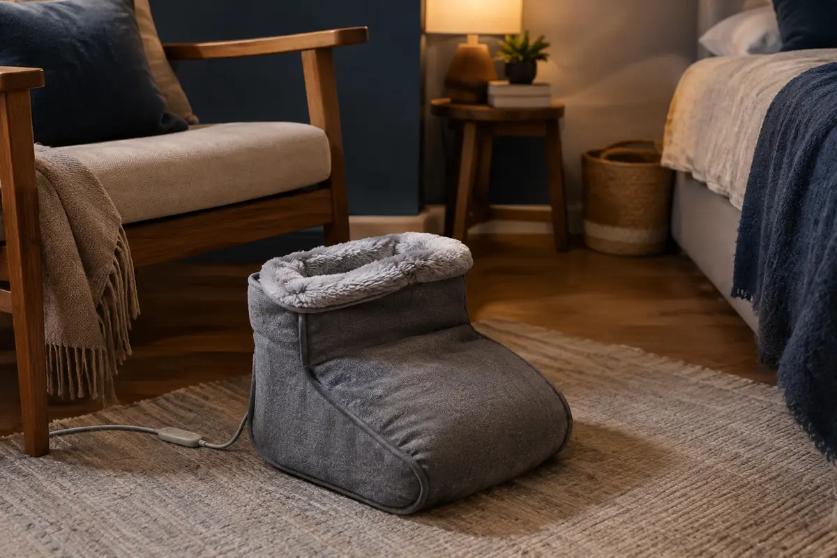 Chauffe-pieds électrique gris à doublure en peluche posé sur un tapis près d’un fauteuil.