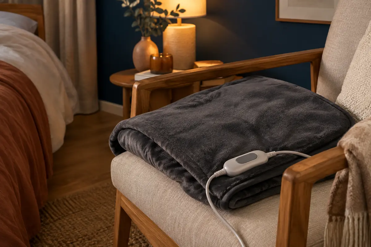 Couverture chauffante gris foncé à la texture moelleuse, posée sur un fauteuil dans une chambre calme.