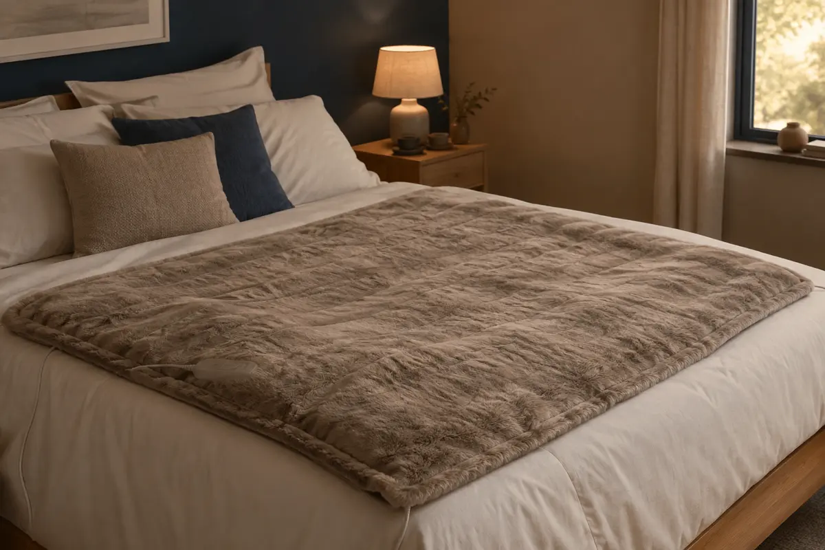 Couverture chauffante Beurer à la texture façon fourrure, posée sur un lit dans une chambre tamisée.