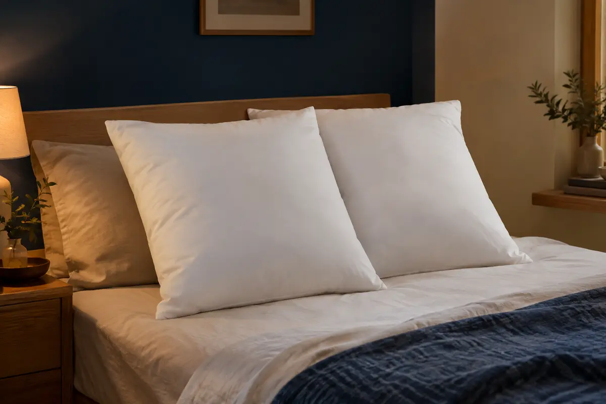 Deux oreillers carrés blancs en microfibre douce disposés sur un lit dans une chambre calme.